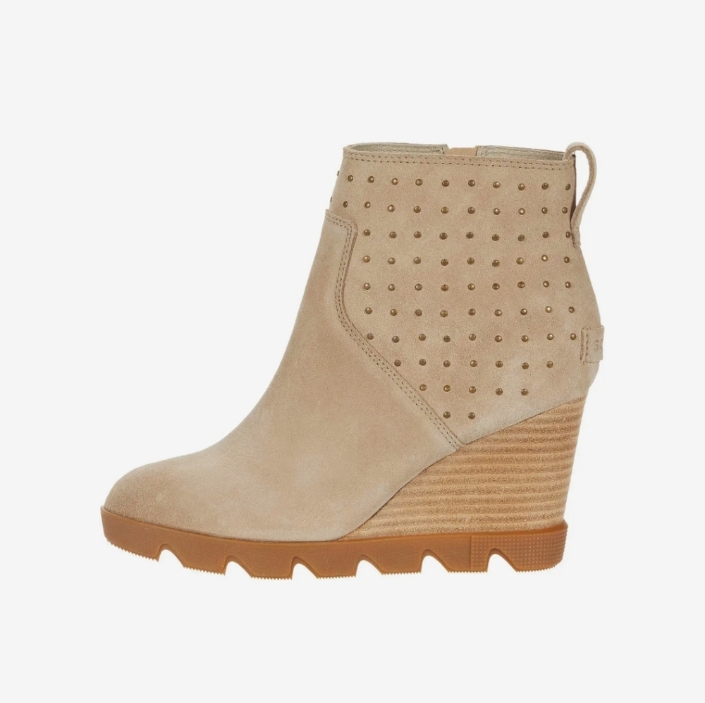 SOREL Joan Uptown Waterproof Bootie Stud Sandy Tan Wedge Boots